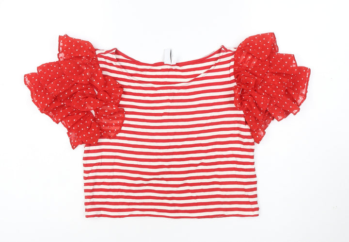 & Other Stories Women Red White Striped Puff Sleeve Cropped T-Shirt Size 10