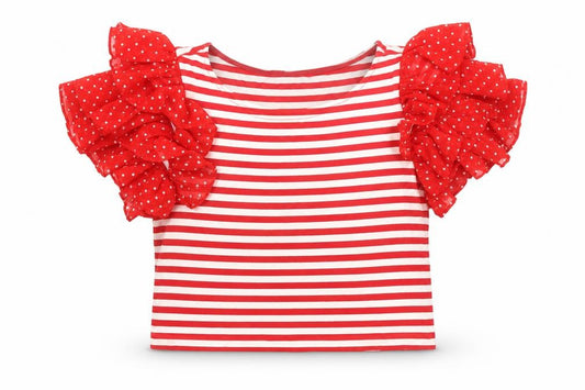 Front view of & Other Stories Women Red White Striped Puff Sleeve Cropped T-Shirt, size 10