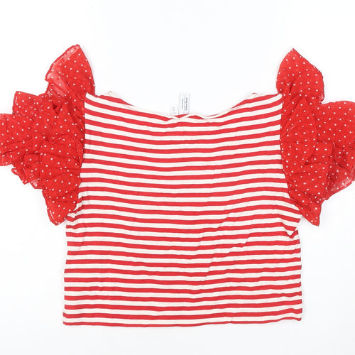 & Other Stories Women Red White Striped Puff Sleeve Cropped T-Shirt Size 10