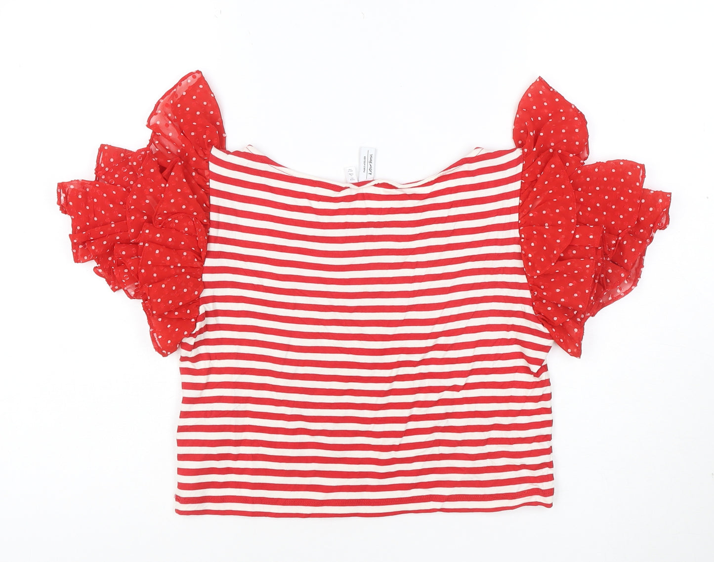 & Other Stories Women Red White Striped Puff Sleeve Cropped T-Shirt Size 10