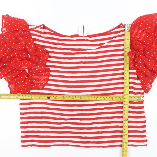 & Other Stories Women Red White Striped Puff Sleeve Cropped T-Shirt Size 10
