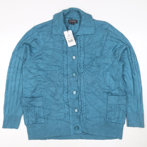 Castle of Ireland Women's Blue Wool Blend Collared Cable Knit Cardigan Size 20