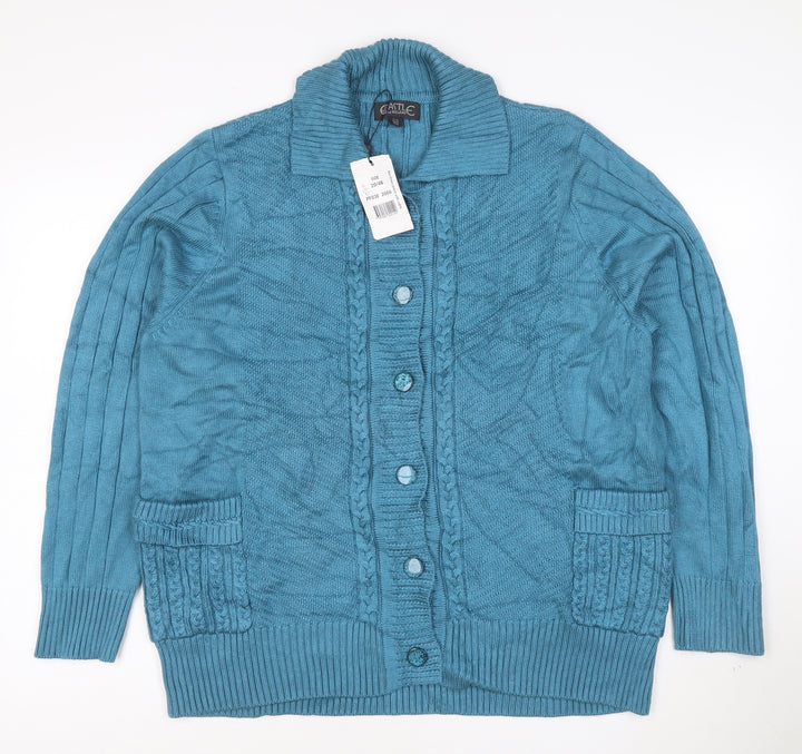 Castle of Ireland Women's Blue Wool Blend Collared Cable Knit Cardigan Size 20