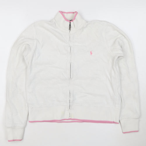 Ralph Lauren Women White Full Zip Hoodie M Cotton Pink Trim