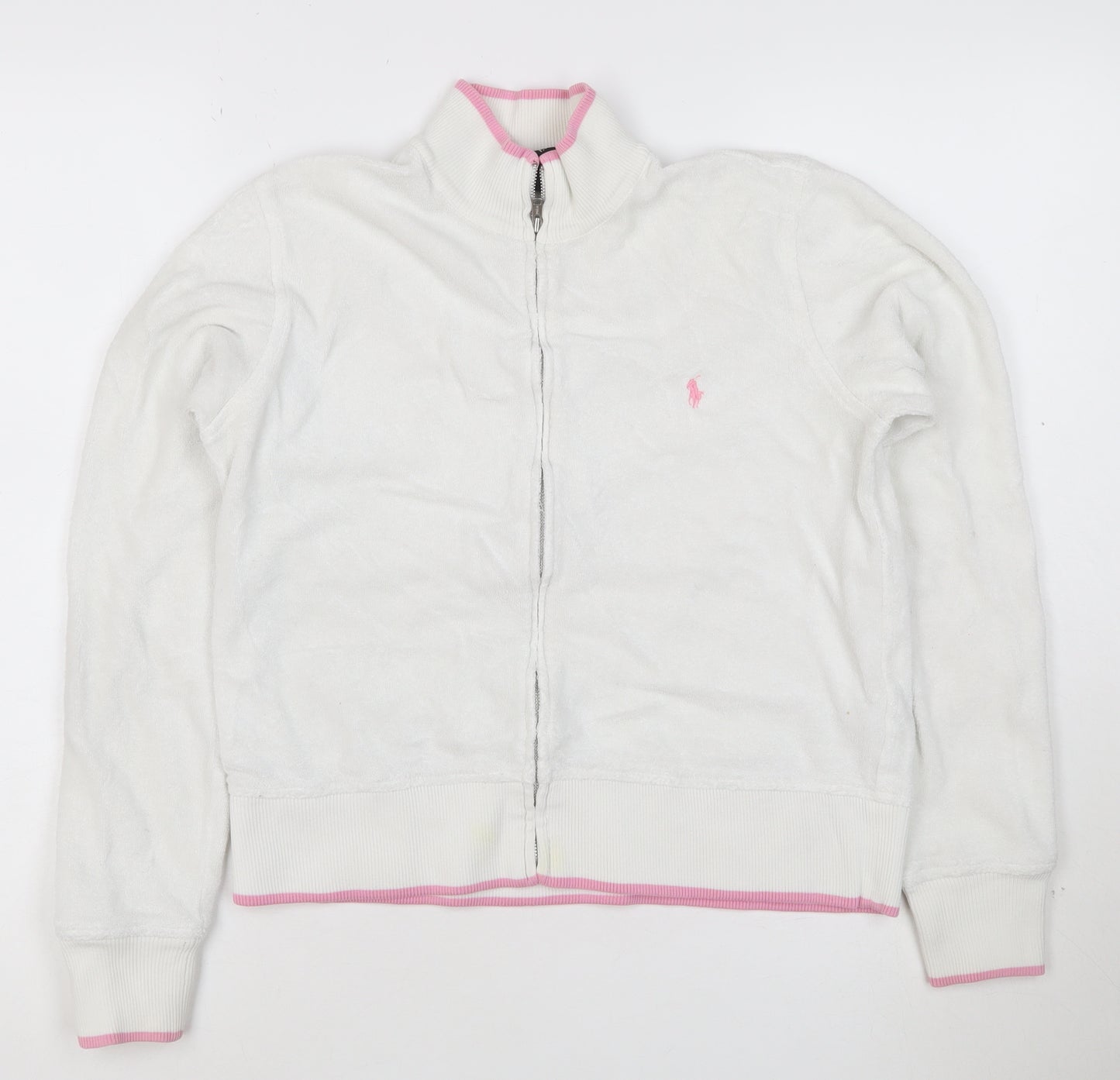 Ralph Lauren Women White Full Zip Hoodie M Cotton Pink Trim