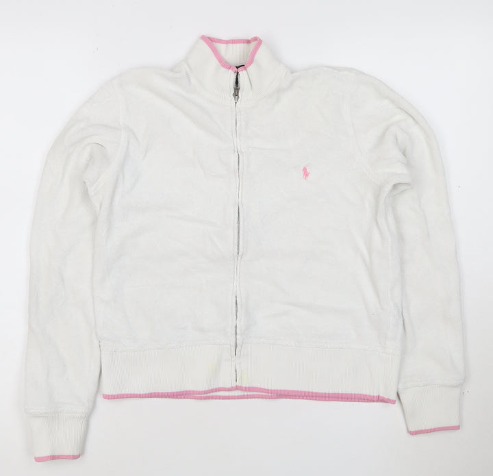 Ralph Lauren Women White Full Zip Hoodie M Cotton Pink Trim