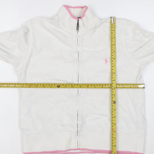 Ralph Lauren Women White Full Zip Hoodie M Cotton Pink Trim