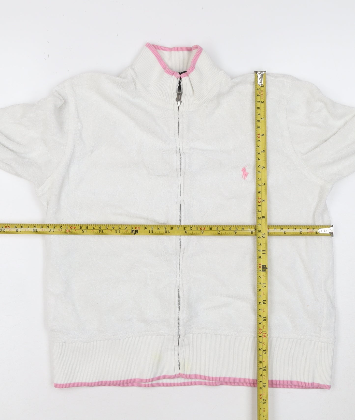 Ralph Lauren Women White Full Zip Hoodie M Cotton Pink Trim