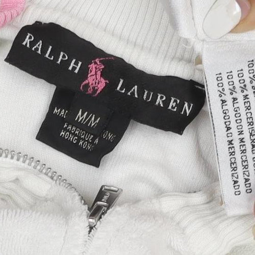 Ralph Lauren Women White Full Zip Hoodie M Cotton Pink Trim