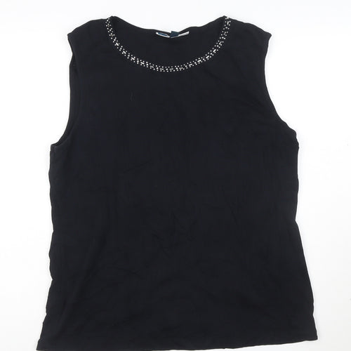 Karen Scott Women's Black XL Beaded Round Neck Sleeveless Cotton Tank Top