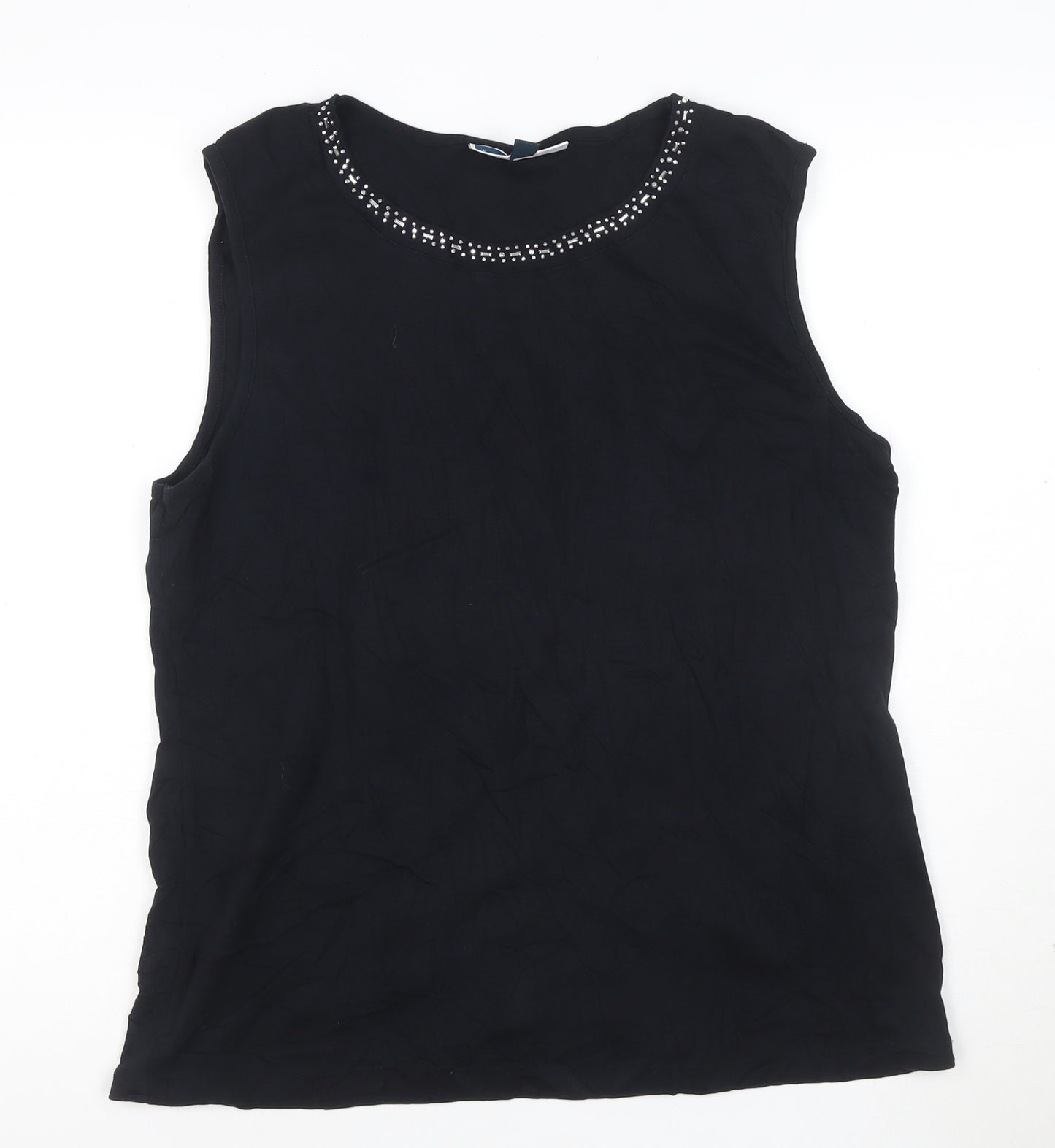 Karen Scott Women's Black XL Beaded Round Neck Sleeveless Cotton Tank Top