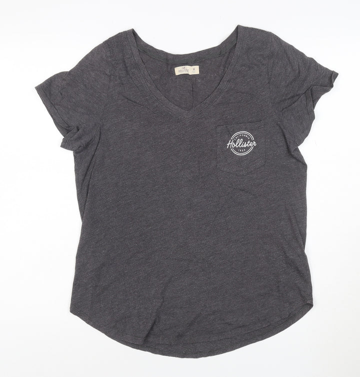Hollister Women's Grey V-Neck Short Sleeve Cotton T-Shirt M