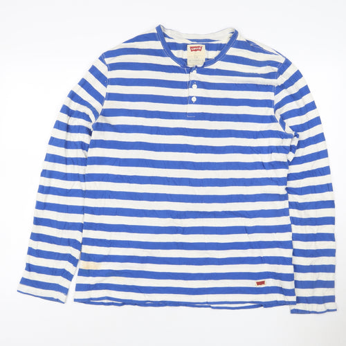 Levi's Women's Blue White Striped Henley Long Sleeve Cotton Top Size L