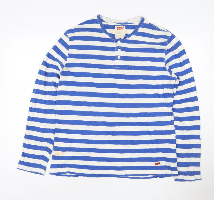 Levi's Women's Blue White Striped Henley Long Sleeve Cotton Top Size L