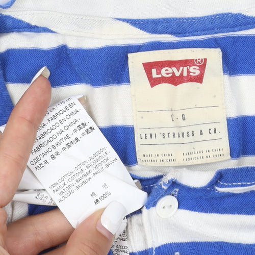 Levi's Women's Blue White Striped Henley Long Sleeve Cotton Top Size L