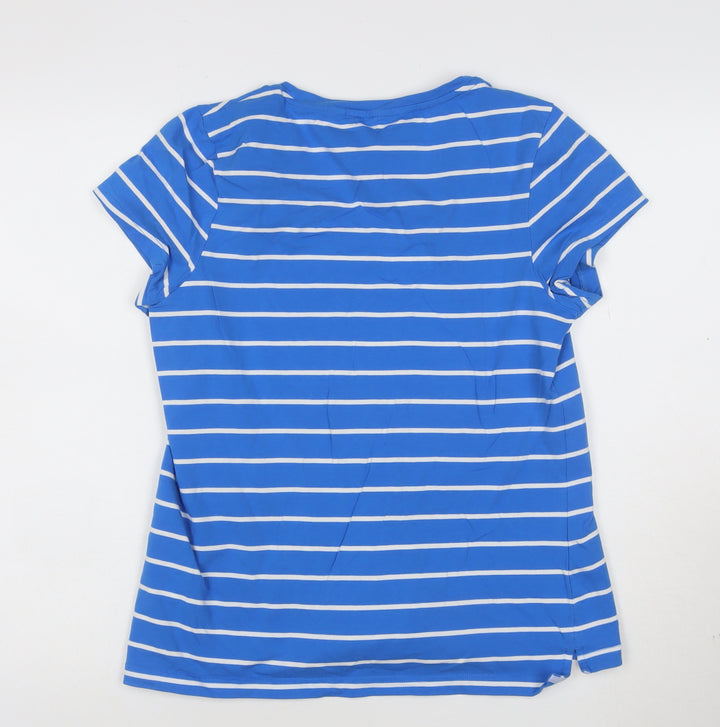 Lighthouse Women Blue Striped V-Neck Cotton T-Shirt Size 10