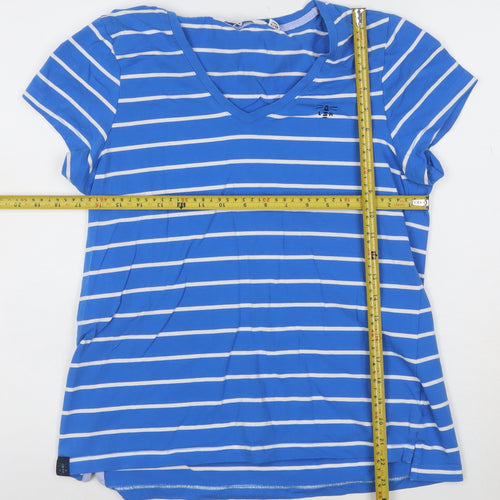 Lighthouse Women Blue Striped V-Neck Cotton T-Shirt Size 10
