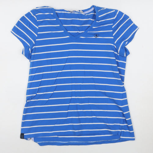 Lighthouse Women Blue Striped V-Neck Cotton T-Shirt Size 10