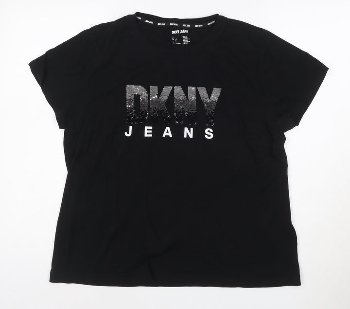 DKNY Jeans Women's Black Sequin Logo T-Shirt Size XL