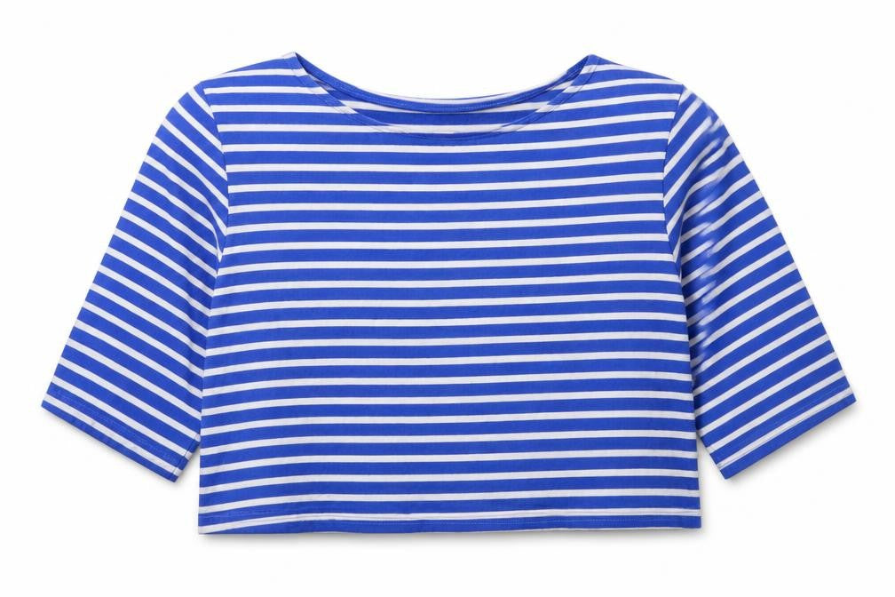 Front view of Olive women’s blue white striped cropped cotton t-shirt m