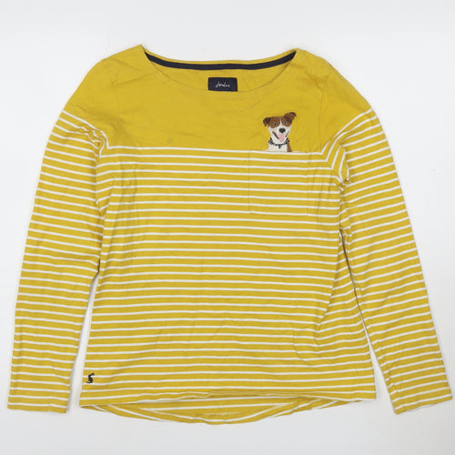 Joules Women’s Yellow Stripe Dog Embroidered Long Sleeve Cotton T-Shirt Size 10