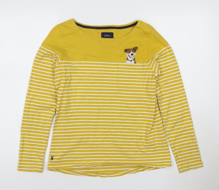 Joules Women’s Yellow Stripe Dog Embroidered Long Sleeve Cotton T-Shirt Size 10