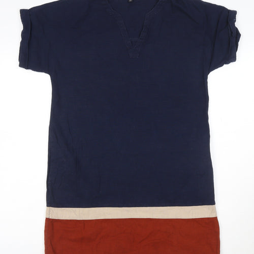 Next Women Blue Colourblock Linen Blend Short Sleeve Shift Dress Size 12