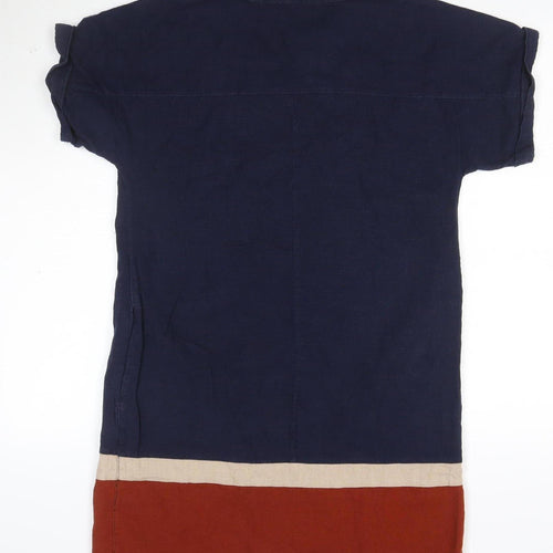 Next Women Blue Colourblock Linen Blend Short Sleeve Shift Dress Size 12