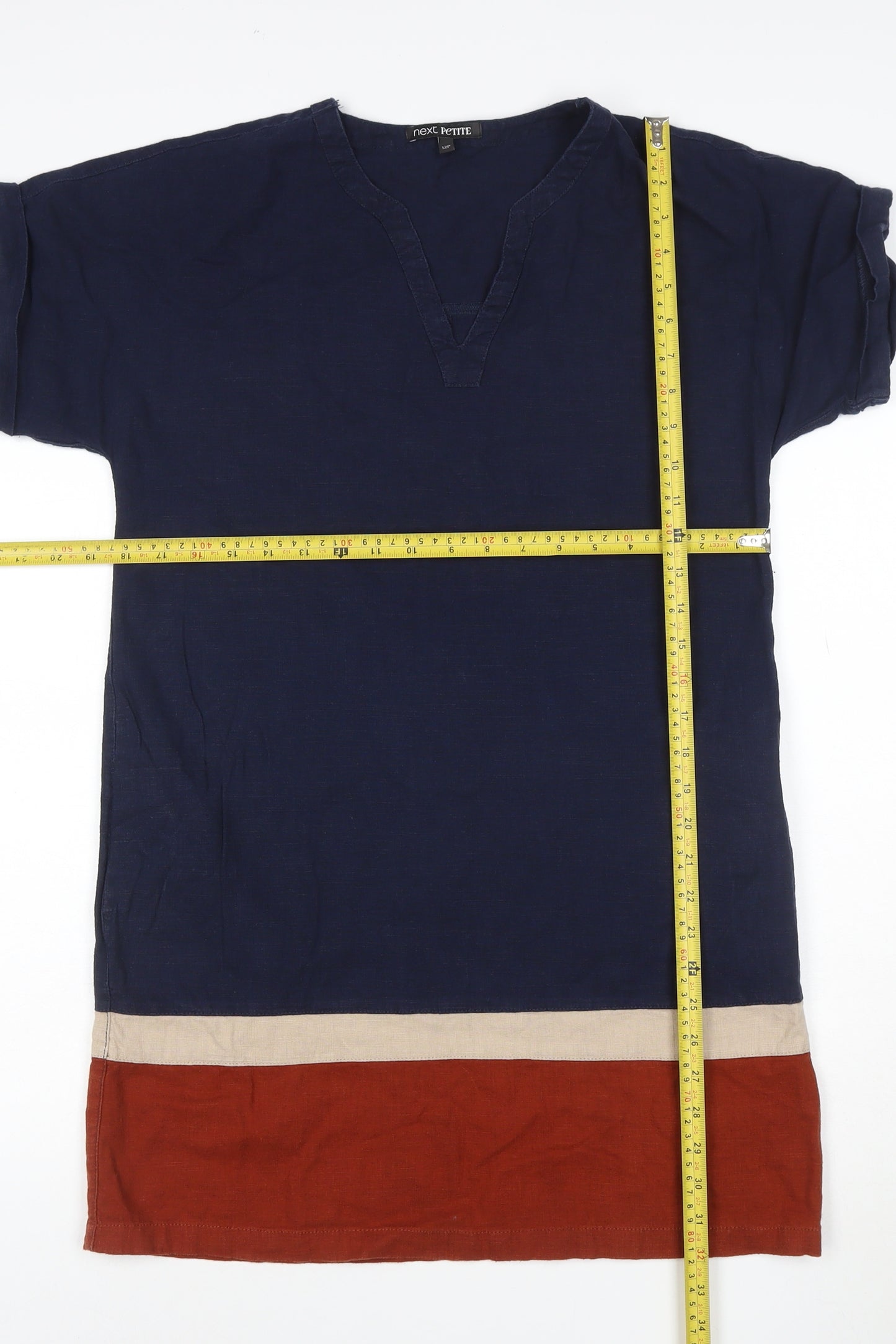 Next Women Blue Colourblock Linen Blend Short Sleeve Shift Dress Size 12