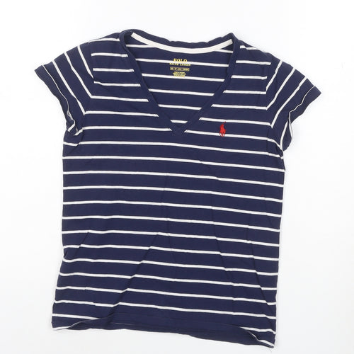 Ralph Lauren Women's Blue Striped V-Neck Cotton T-Shirt XS