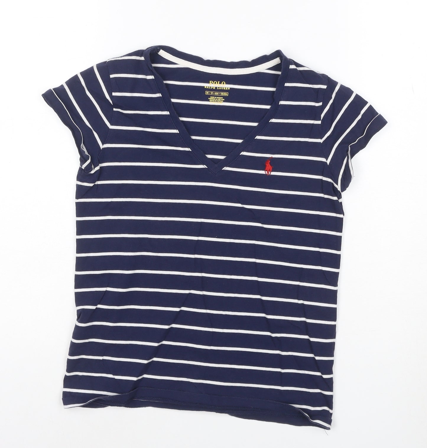 Ralph Lauren Women's Blue Striped V-Neck Cotton T-Shirt XS