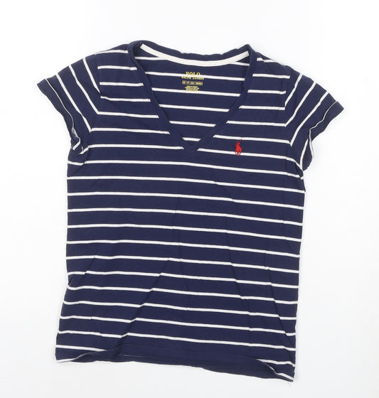 Ralph Lauren Women's Blue Striped V-Neck Cotton T-Shirt XS