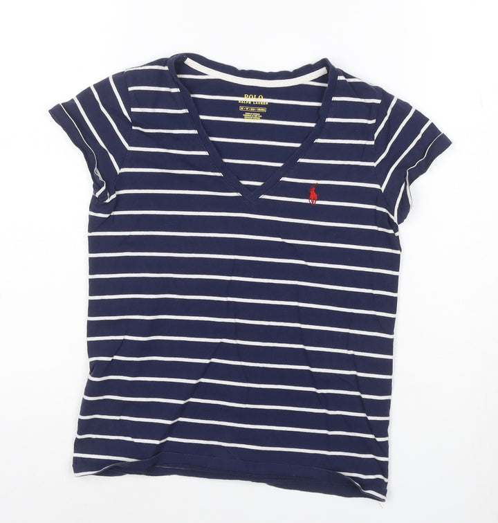 Ralph Lauren Women's Blue Striped V-Neck Cotton T-Shirt XS