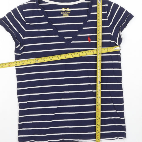 Ralph Lauren Women's Blue Striped V-Neck Cotton T-Shirt XS