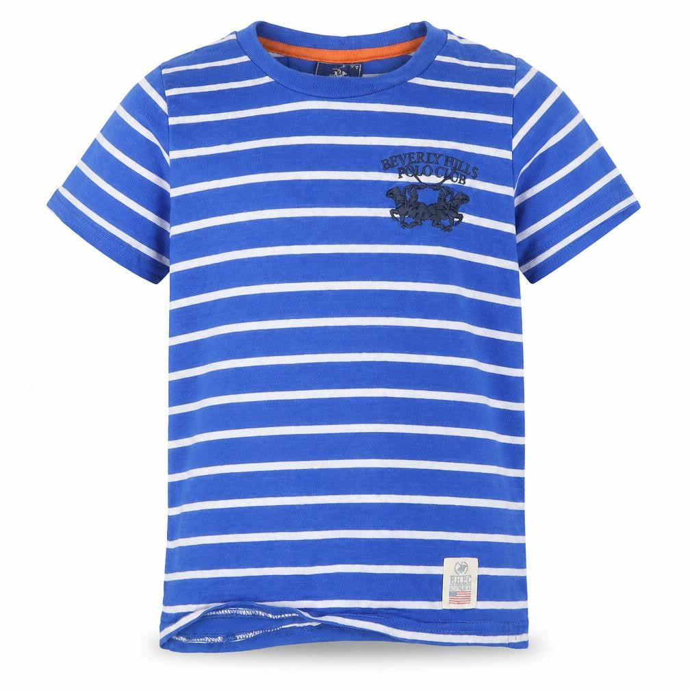 Beverly Hills Polo Club Boys Blue Striped T-Shirt 7-8 Years Short Sleeve