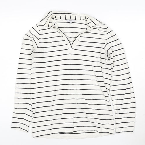 Next Women's White Striped Cotton Long Sleeve V-Neck Top Size 10