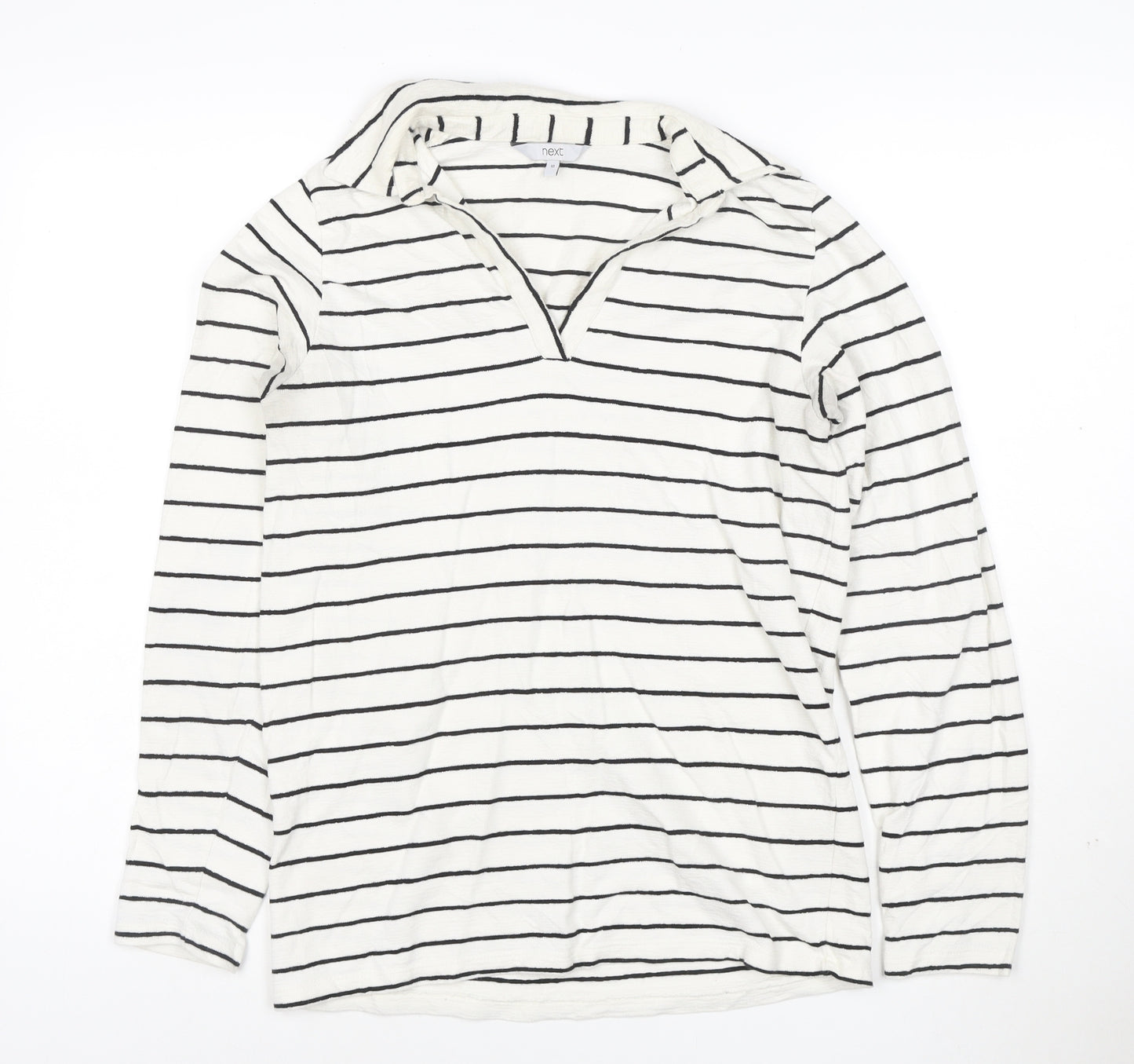 Next Women's White Striped Cotton Long Sleeve V-Neck Top Size 10