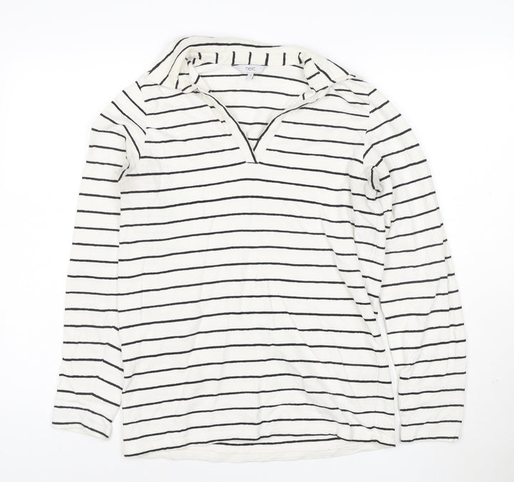 Next Women's White Striped Cotton Long Sleeve V-Neck Top Size 10