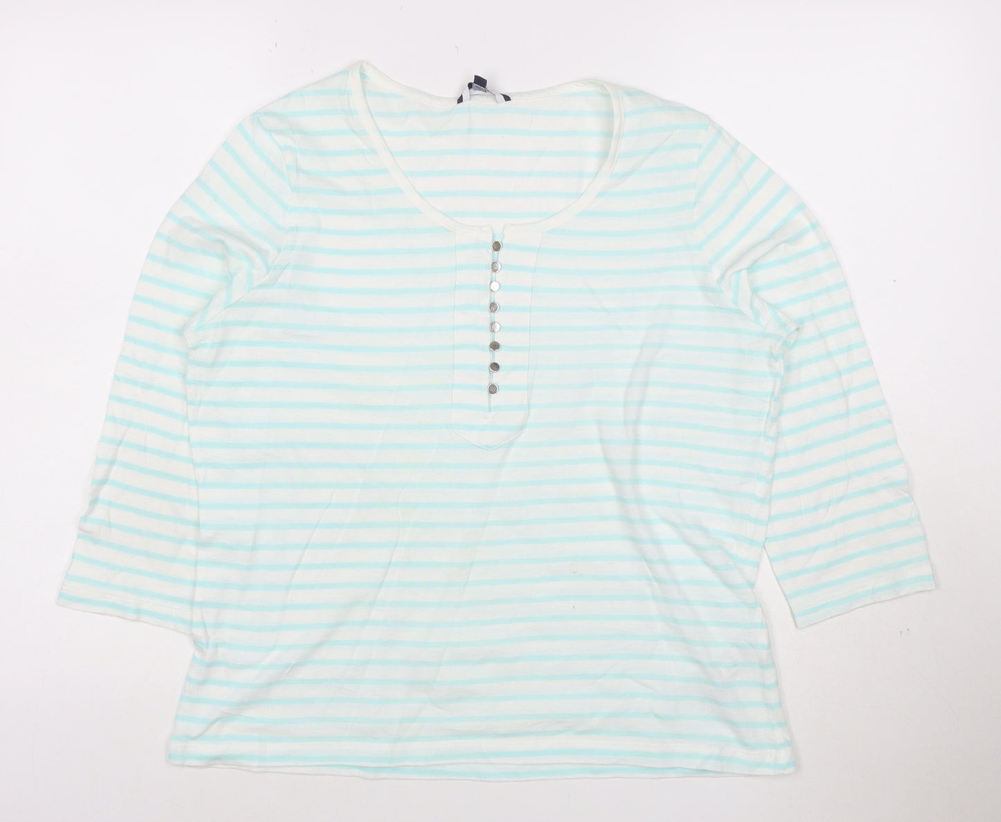 Dash Women Blue Striped 3/4 Sleeve Cotton T-Shirt Size 16