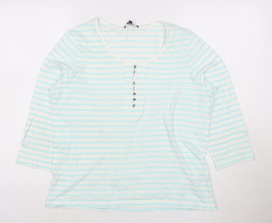 Dash Women Blue Striped 3/4 Sleeve Cotton T-Shirt Size 16