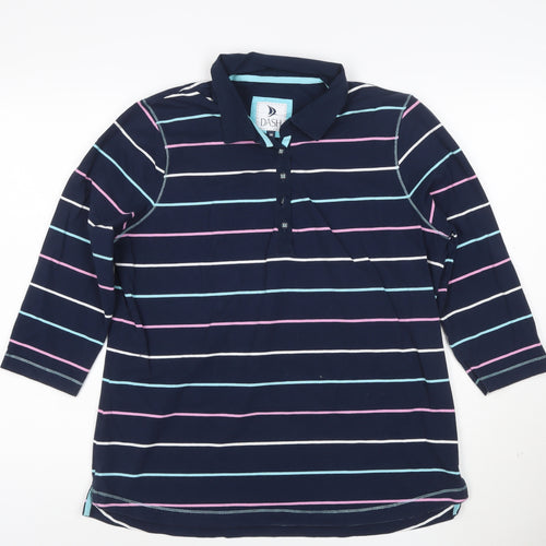 Dash Womens Blue Striped Polo Shirt Size 16 Collared 3/4 Sleeve Cotton