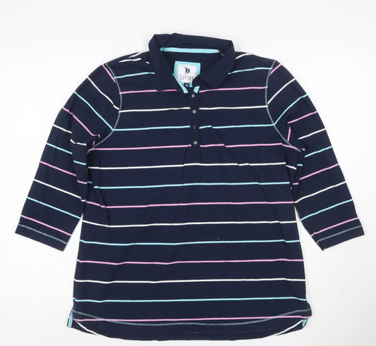 Dash Womens Blue Striped Polo Shirt Size 16 Collared 3/4 Sleeve Cotton