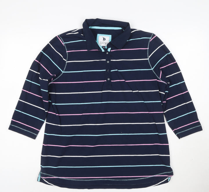 Dash Womens Blue Striped Polo Shirt Size 16 Collared 3/4 Sleeve Cotton