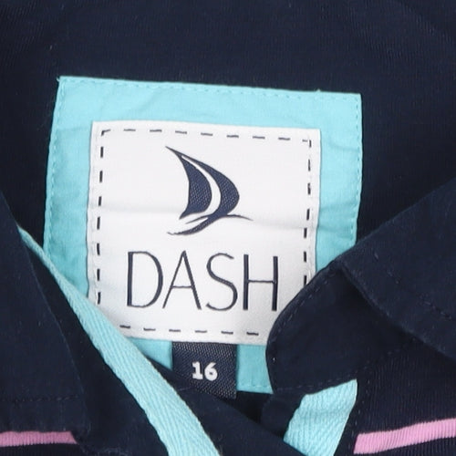 Dash Womens Blue Striped Polo Shirt Size 16 Collared 3/4 Sleeve Cotton