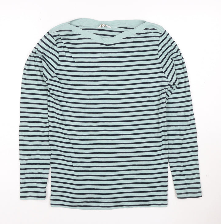 Cotton Traders Women’s Blue Striped Long Sleeve Boat Neck Cotton T-Shirt Size 10