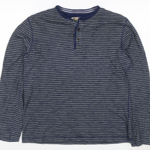 Marks and Spencer Men's Blue Striped Long Sleeve Henley T-Shirt Medium