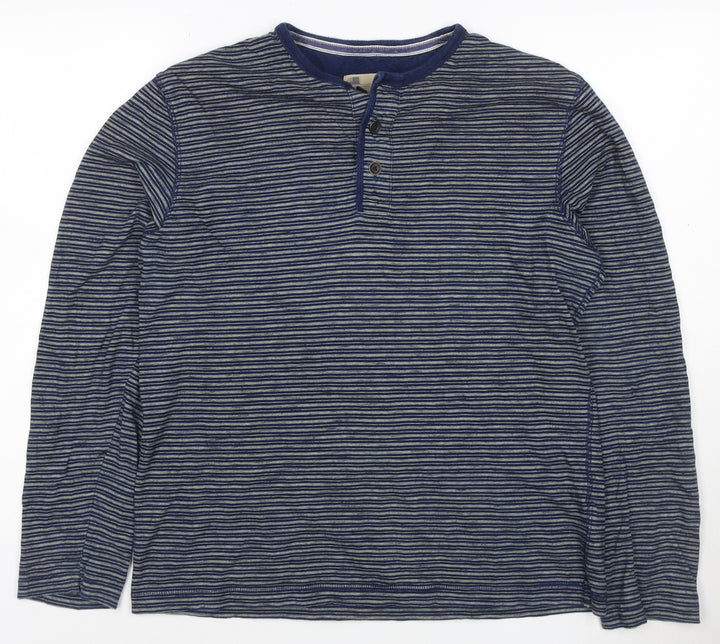 Marks and Spencer Men's Blue Striped Long Sleeve Henley T-Shirt Medium