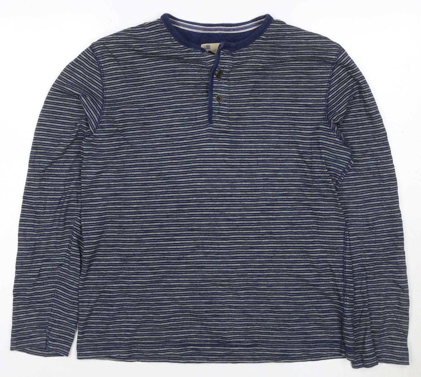 Marks and Spencer Men's Blue Striped Long Sleeve Henley T-Shirt Medium