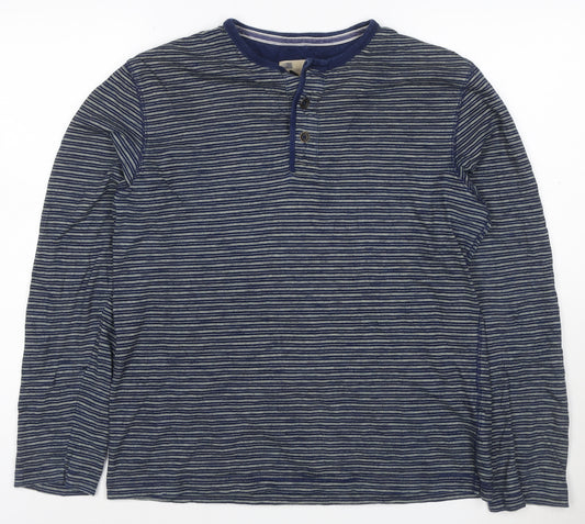 Marks and Spencer Men's Blue Striped Long Sleeve Henley T-Shirt Medium