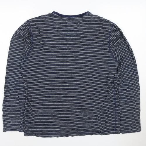 Marks and Spencer Men's Blue Striped Long Sleeve Henley T-Shirt Medium